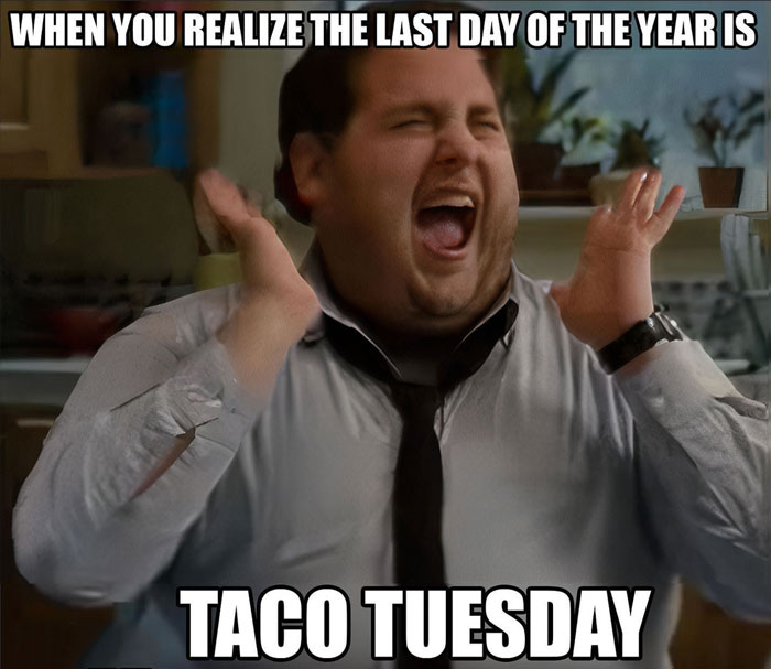 Man joyfully reacting to Taco Tuesday meme, expressing happiness and humor for Tuesday.
