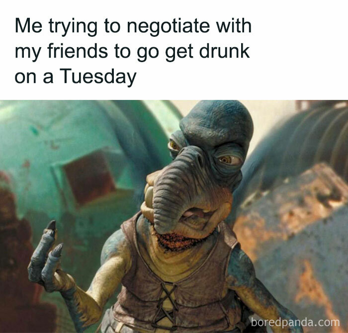 Alien character humorously negotiating with friends for Tuesday plans, perfect for happy Tuesday memes.