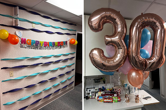 The Decorating I Did For My Good Friend's And Coworker's 30th Birthday. Even More, Her Reaction. I Was Able To Sneak In After Hours To Do This And Surprise Her The Next Morning