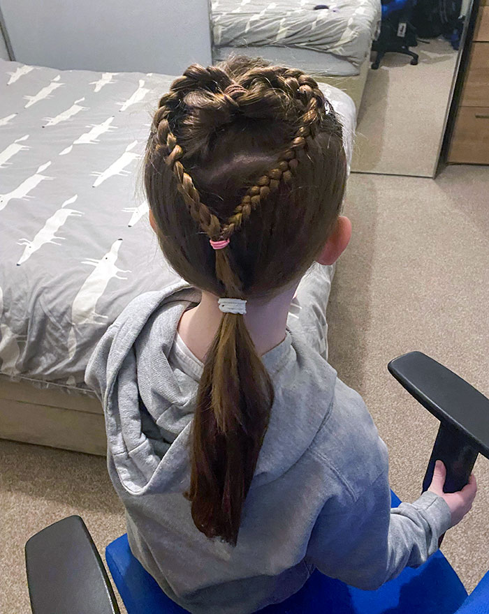 I Know It's Not Perfect, But I'm So Proud Of This. I'm A Single Dad, And Last Year, I Couldn't Even Do A Ponytail. This Year, I've Given Her Heart Braids