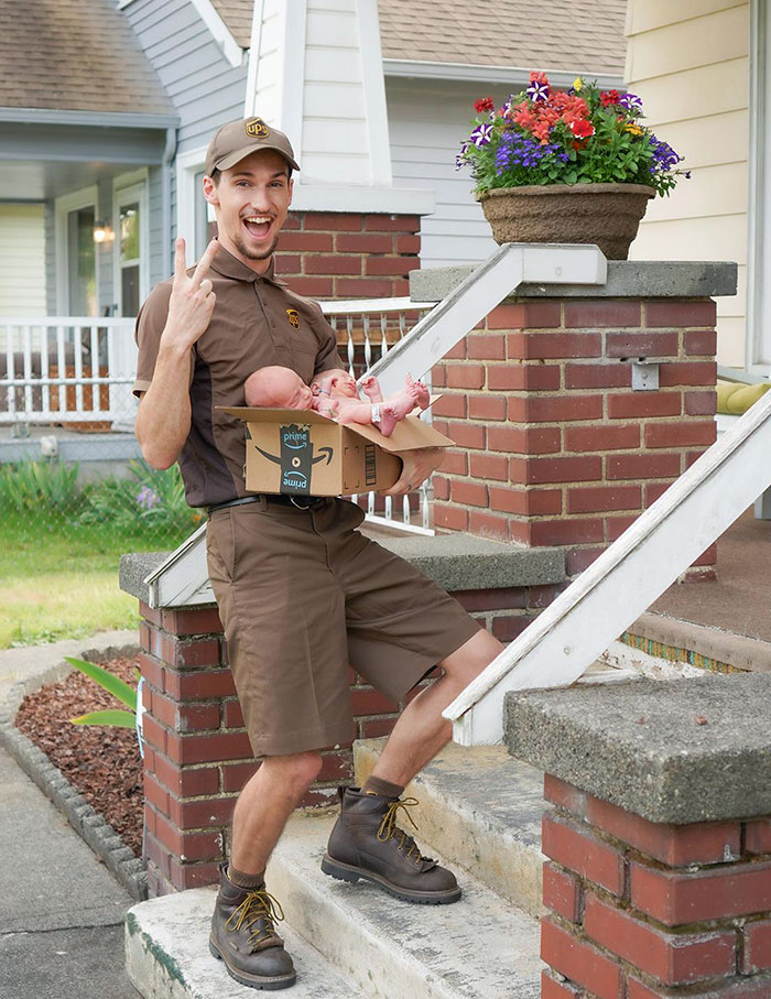 My Brother Works At UPS And Is A New Father Of Twins, So I Took A Porch Photo Of The Three Of Them