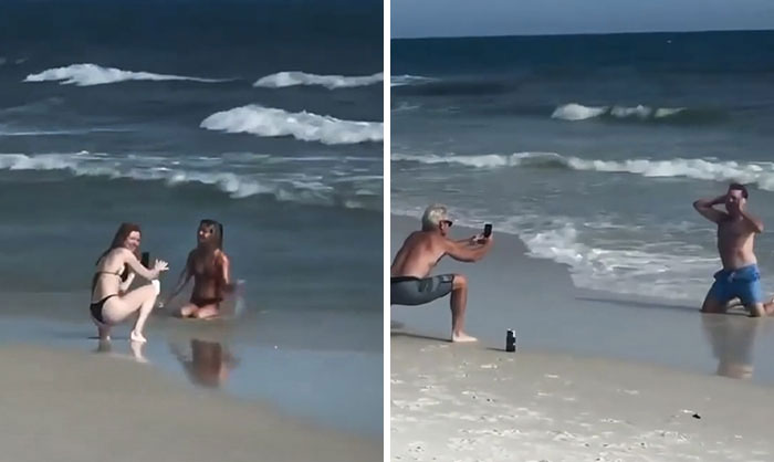 Dads Imitating Their Daughters On The Beach