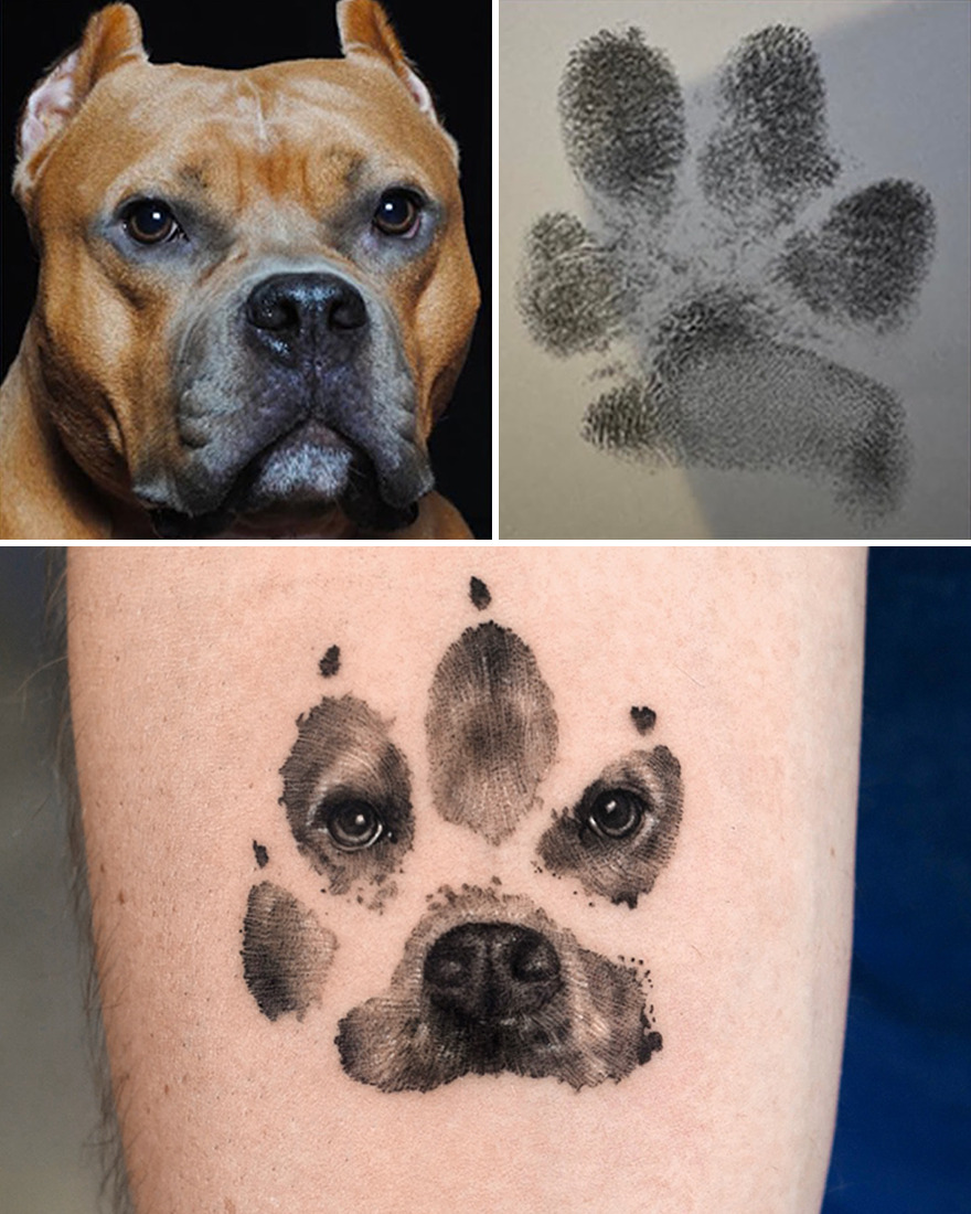 Realistic dog portrait tattoo featuring pet's face within a paw print design.