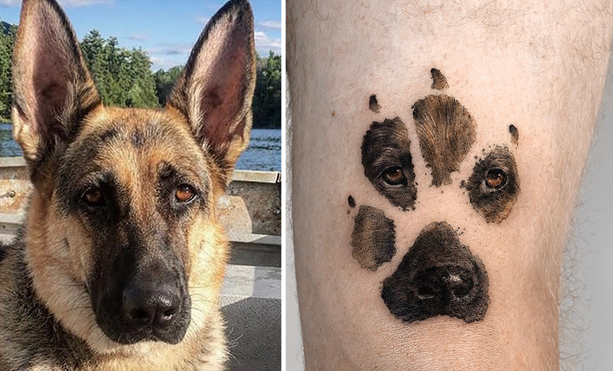 Realistic portrait tattoo of a German Shepherd, cherished by its owner, featuring the dog's face in paw print form.