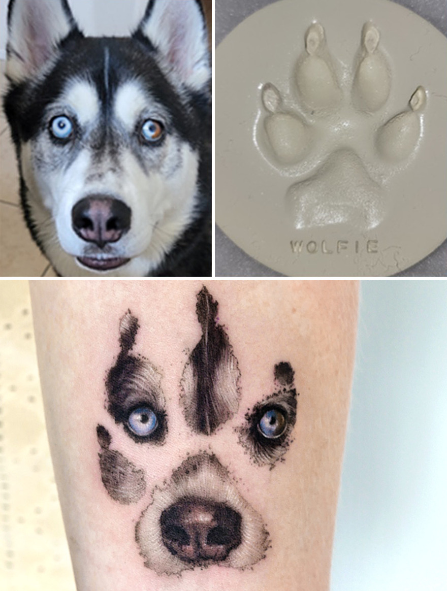 Realistic pet portrait tattoo featuring a dog's face within a paw print design.