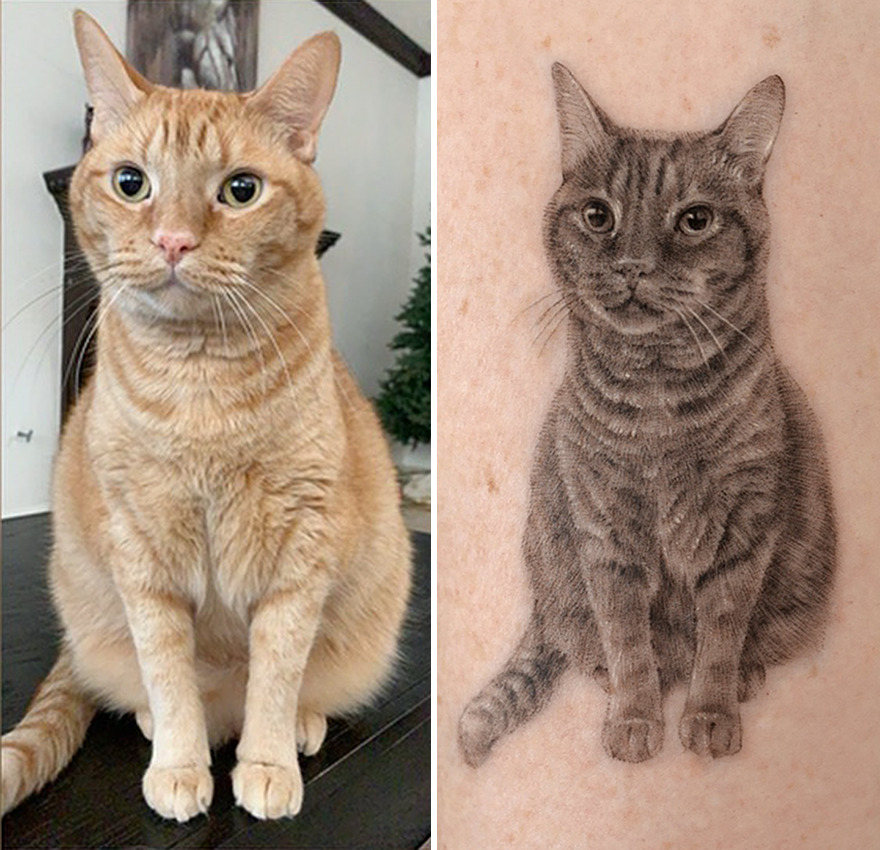 Realistic portrait tattoo of a pet cat, showcasing cherished feline companionship.