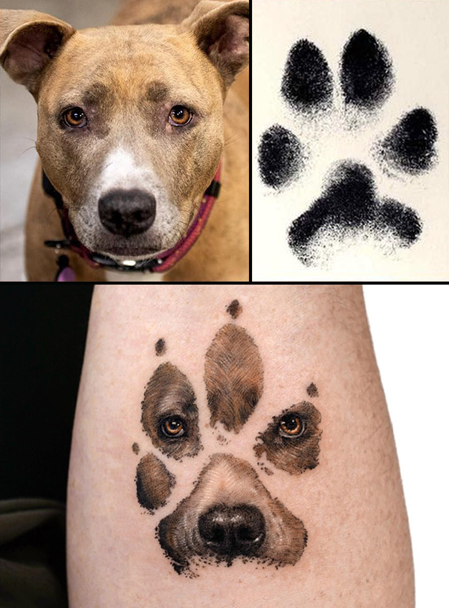 Realistic pet portrait tattoo featuring a dog and paw print design on the skin.
