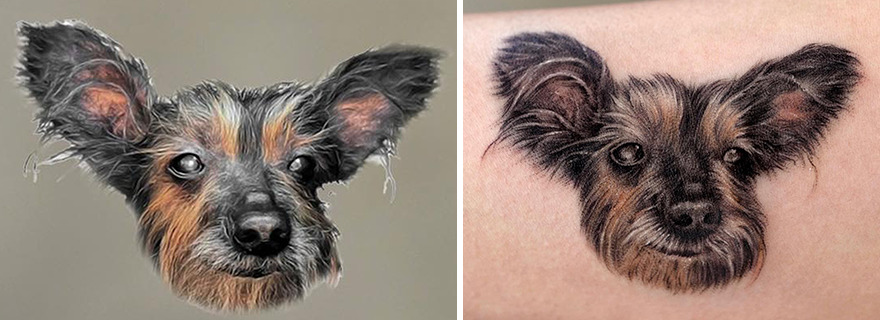 Realistic portrait tattoo of a dog featuring lifelike details on a person's arm.