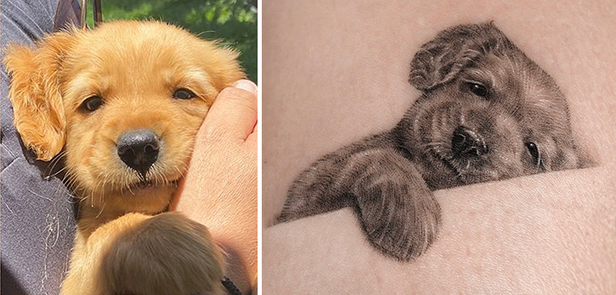 Realistic pet portrait tattoo of a puppy; cherished by its owner, depicting a lifelike image on skin.