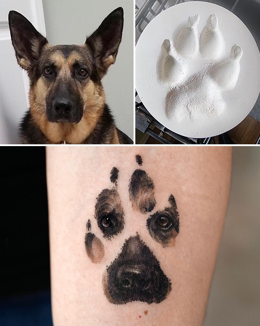 Realistic pet portrait tattoos featuring a German Shepherd's face within a paw print design.