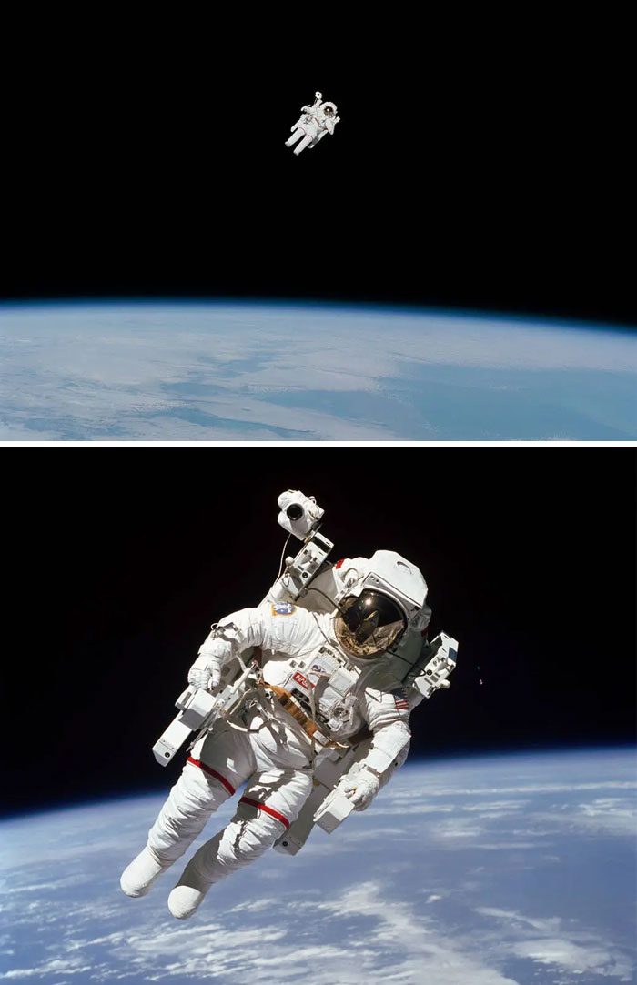 A Terrifying Space Photograph. Astronaut Bruce McCandless II Floats Untethered Away From The Safety Of The Space Shuttle, With Nothing But His Manned Maneuvering Unit Keeping Him Alive