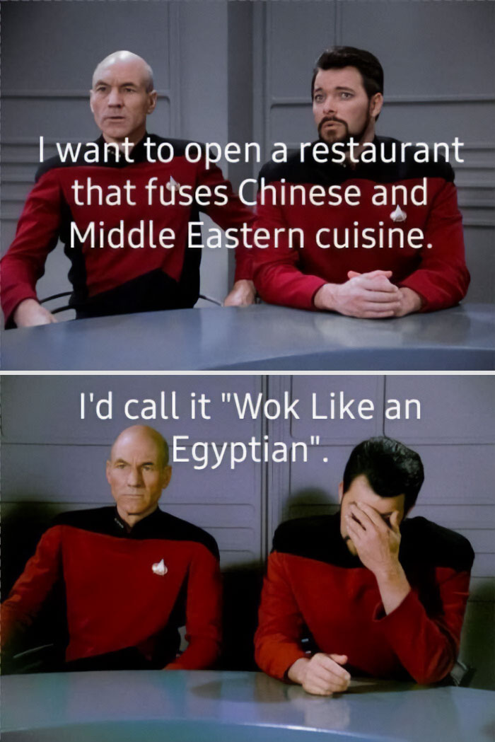 Two individuals in red uniforms, with one facepalming. Text overlay makes a "Wok Like an Egyptian" joke.