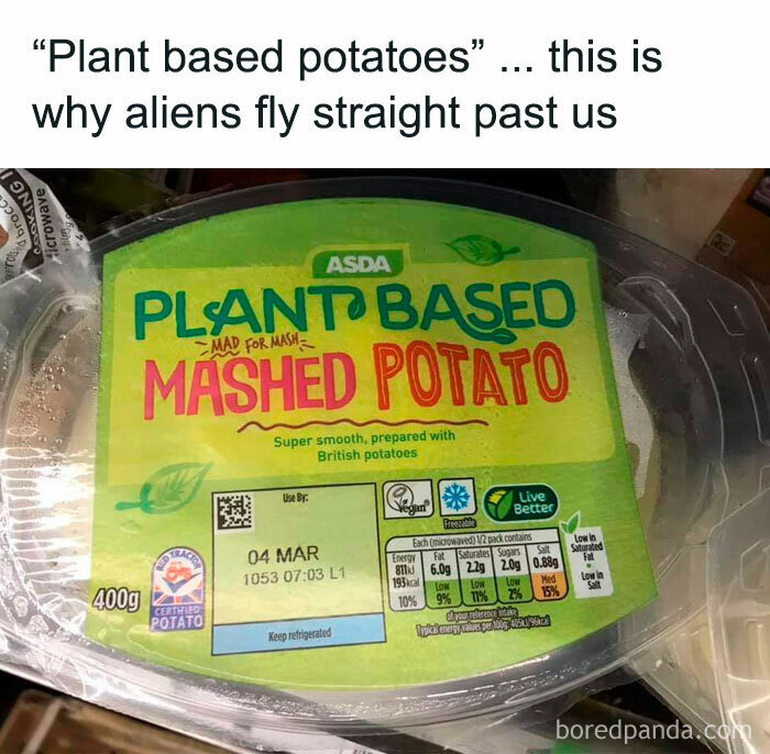 Funny Facebook post showing "Plant Based Mashed Potato" label with humorous text above.