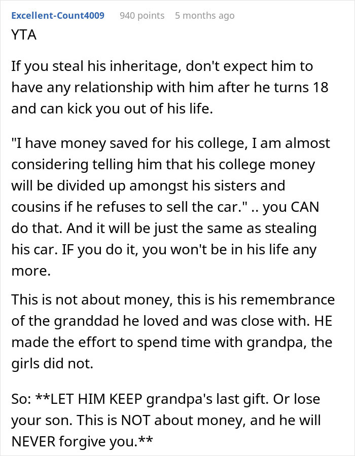 Mom Forces Son To Sell A Car He Inherited From Grandpa To Share With Family, Gets A Reality Check Mom Forces Son To Sell A Car He Inherited From Grandpa To Share With Family, Gets A Reality Check