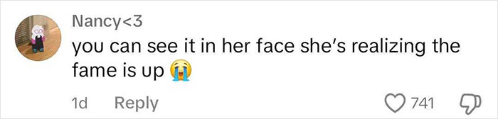 Comment about Hailey Welch's appearance, expressing realization of fading fame, with crying emoji and likes count.