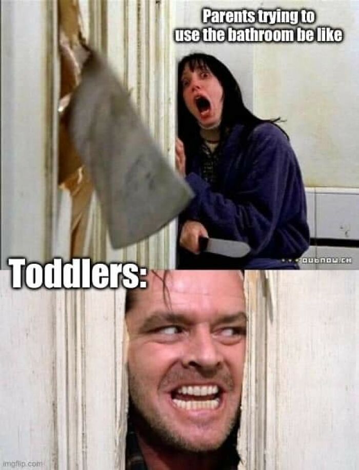 Toddler meme with a scared woman and a man breaking through a door, humorously depicting parents' struggles.