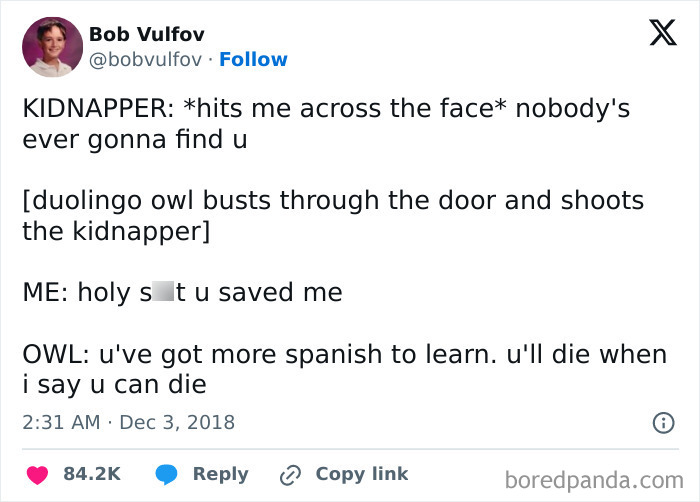 Duolingo meme with owl humorously saving a kidnapped person, emphasizing learning Spanish.