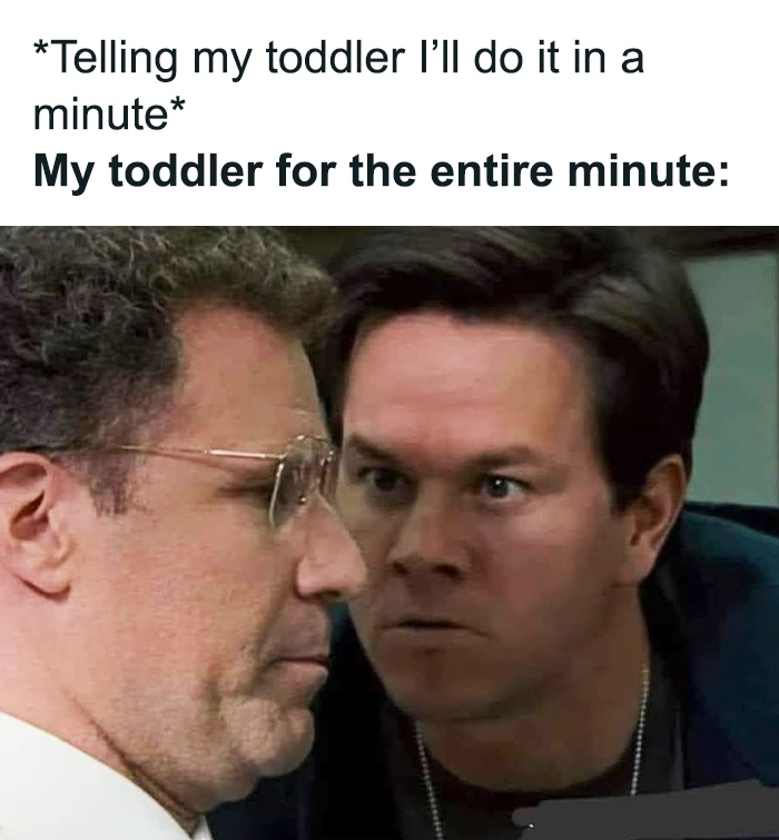 Two men staring intensely, used in toddler memes for humorous effect about waiting moments.