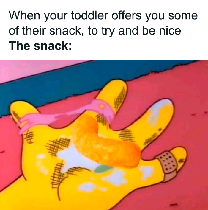 Cartoon hand with a Cheeto, humorously depicting toddler snack generosity in memes.
