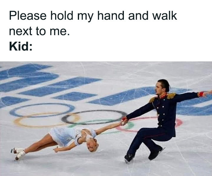 Figure skaters humorously parody the challenges parents face with toddlers, capturing the essence of a toddler meme.