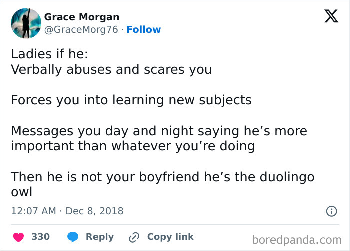 Text meme about a boyfriend being likened to the Duolingo owl, involving hilariously threatening behavior.