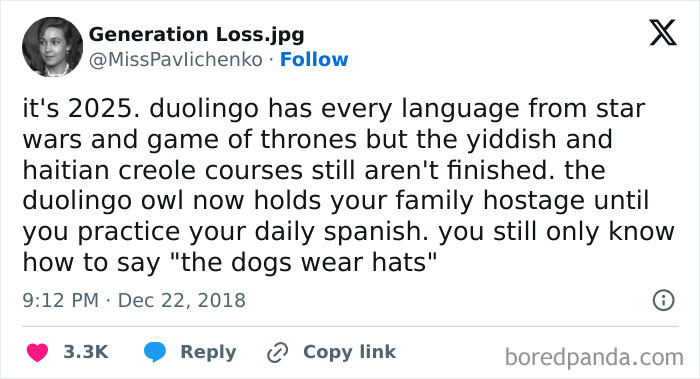 Tweet humorously depicting a future where Duolingo pressures users to practice Spanish, featuring hilariously threatening memes.