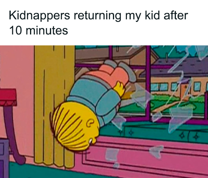 Cartoon toddler diving headfirst through window, representing funny toddler meme humor parents relate to.