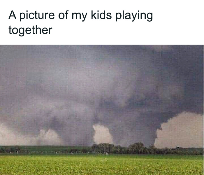 Toddler memes humorously comparing kids playing to a tornado over a green field.