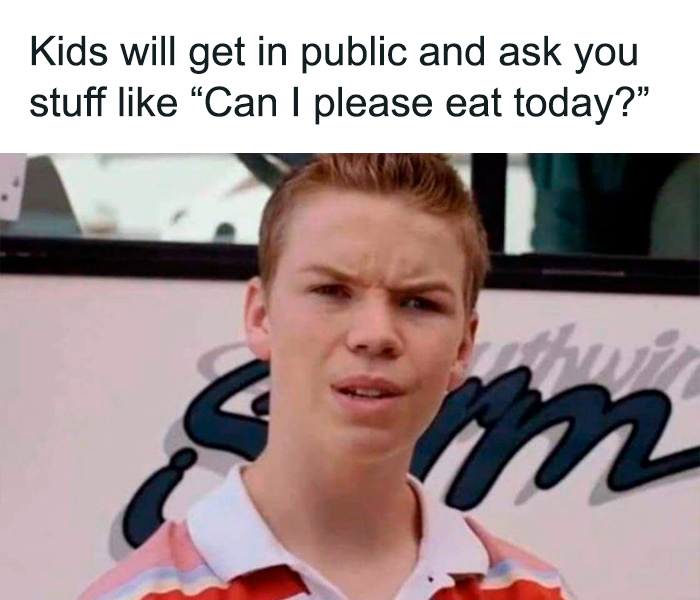Teen looking confused, with text about kids asking embarrassing questions in public; highlights toddler meme humor.