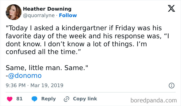 Instagram meme about a kindergartner's amusing response to a question about favorite days.