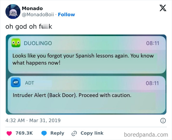 Duolingo meme with a humorous notification about missed Spanish lessons and a sudden ADT intruder alert.