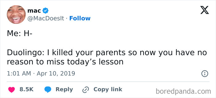 Duolingo meme with a dark humorous text about not missing a lesson, showcasing a hilariously threatening message.