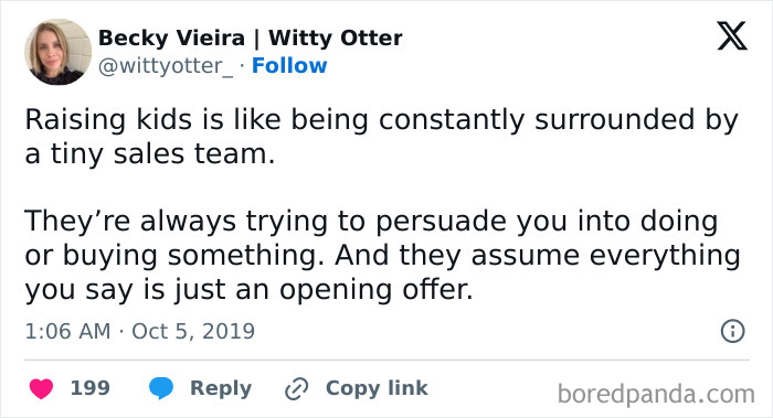 Text post by Becky Vieira about raising kids being like dealing with a tiny sales team, referencing humorous toddler memes.