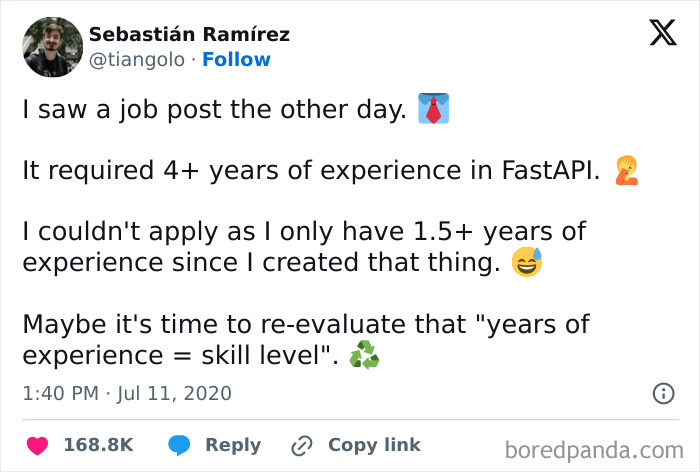 Tweet mocks "no one wants to work" trend by highlighting unrealistic job requirements for experience.