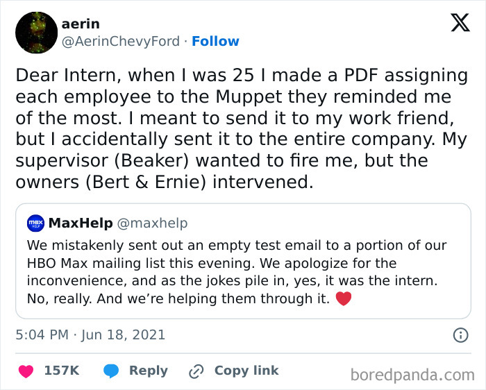 Instagram account meme featuring a humorous intern story with Muppet references and an email blunder.