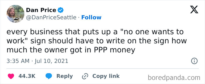 Tweet questioning the "no one wants to work" trend, suggesting transparency about PPP money received by business owners.