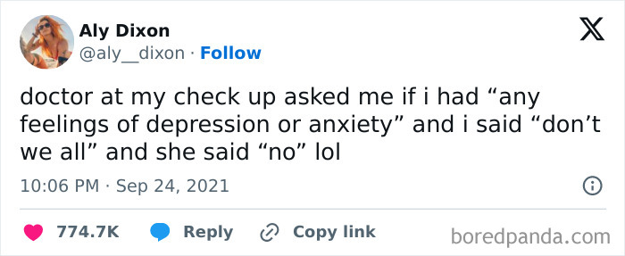 Instagram meme text about a doctor asking about depression or anxiety, with a humorous response.
