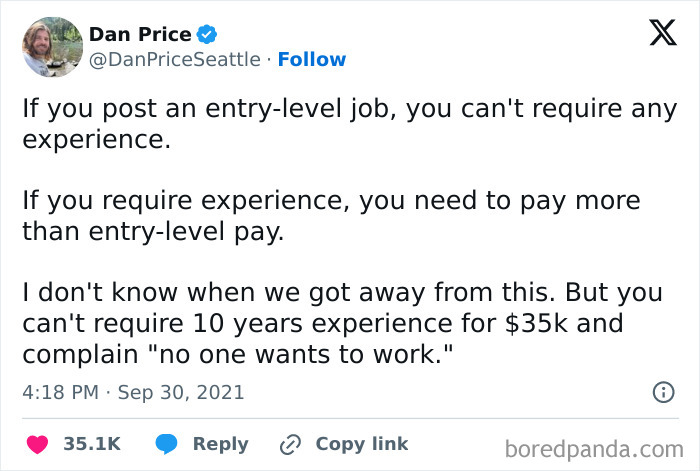Tweet highlighting the contradiction in entry-level job requirements mocking the "no one wants to work" trend.