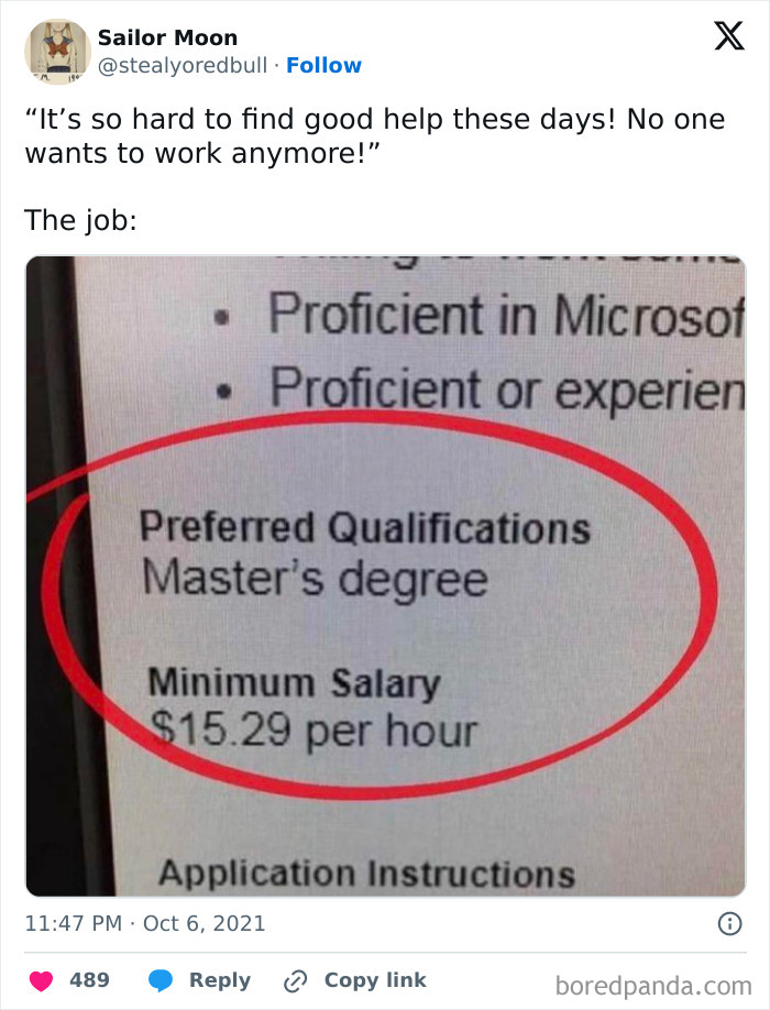 Job listing humorously highlights salary vs. Master's requirement, mocking the "no one wants to work" trend.