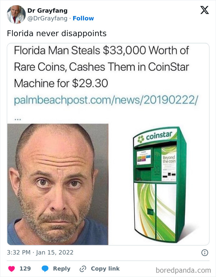 Man's mugshot with CoinStar machine and humorous meme text about cashing rare coins.