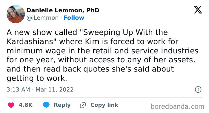 Tweet mocking the "no one wants to work" trend with a satirical show concept called "Sweeping Up With the Kardashians."