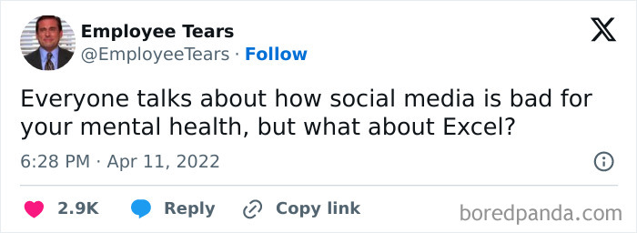 Funny meme about social media and Excel from Instagram account Employee Tears.