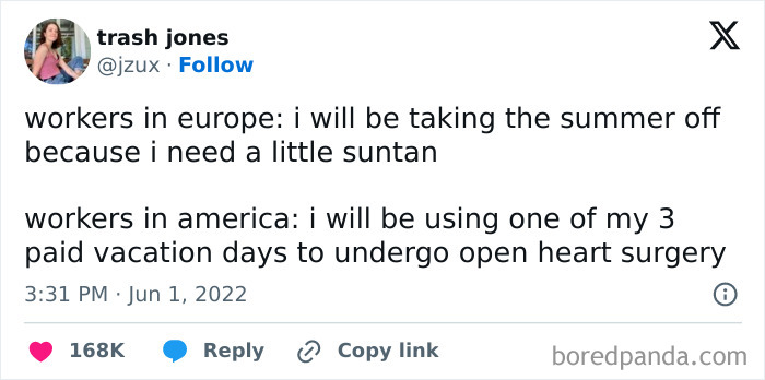 Instagram meme comparing European and American workers' vacation habits, highlighting humor.