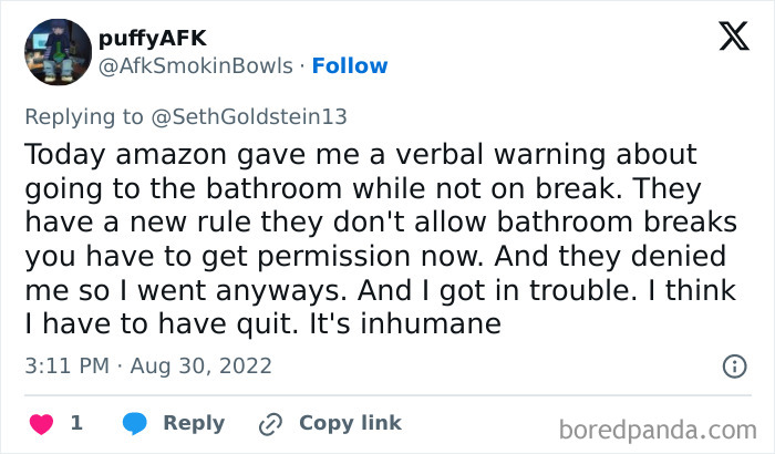 Tweet criticizing work conditions and mocking the "No One Wants To Work" trend, highlighting bathroom break issues.