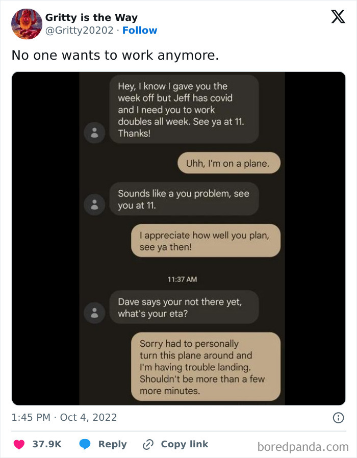 Text exchange humorously mocking the "no one wants to work" trend with a boss asking an employee to work while on a plane.