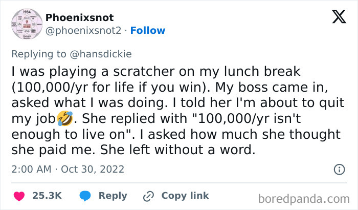 Tweet mockingly highlights "no one wants to work" trend with boss reaction to scratch-off lottery during lunch break.