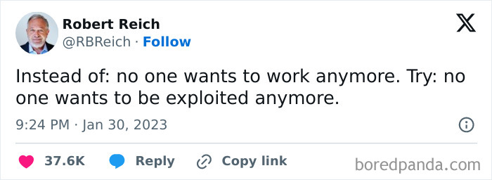 Tweet mocking "no one wants to work" trend, emphasizing exploitation.