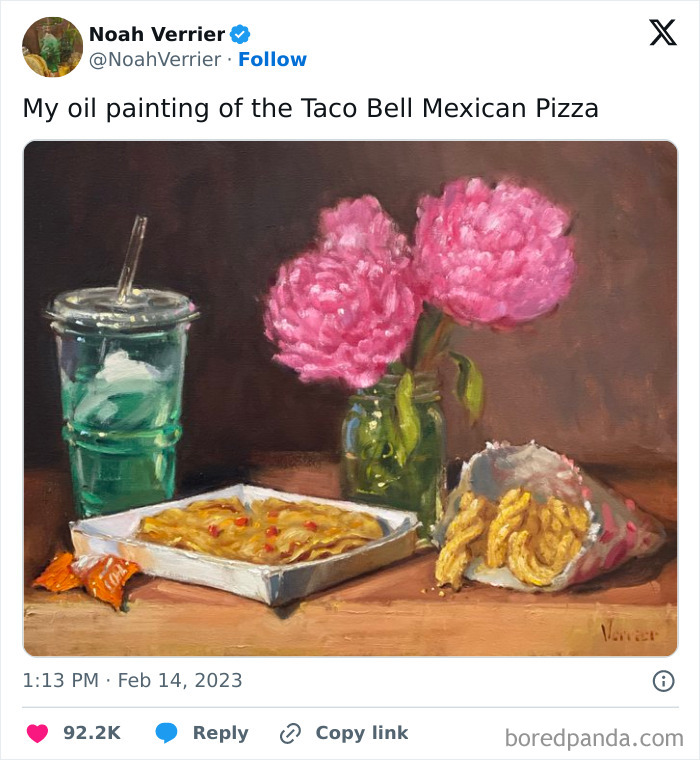 Oil painting of Taco Bell Mexican Pizza, drink, churros, and pink flowers on a table, capturing a funny meme-style scene.