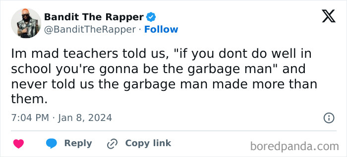 Instagram meme about career advice, humorously highlighting the salary of a garbage man compared to teachers.