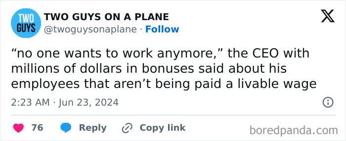 CEO comments on "no one wants to work" trend, highlighting wage issues in a viral tweet.